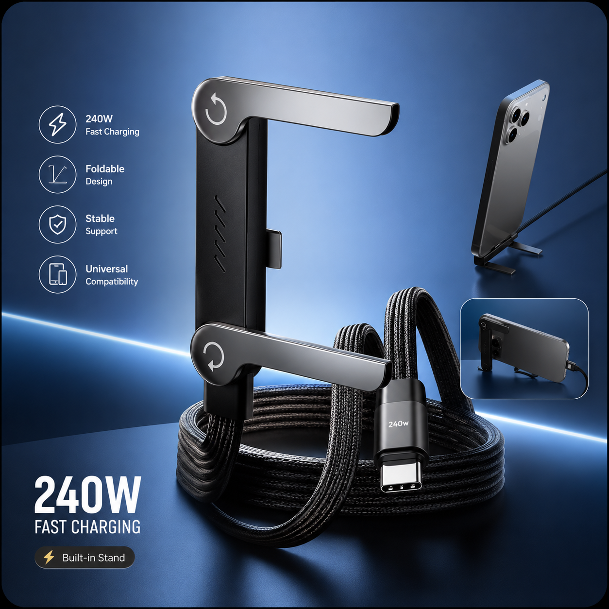 كابل شحن USB-C سريع 240W مع حامل موبايل قابل للطي