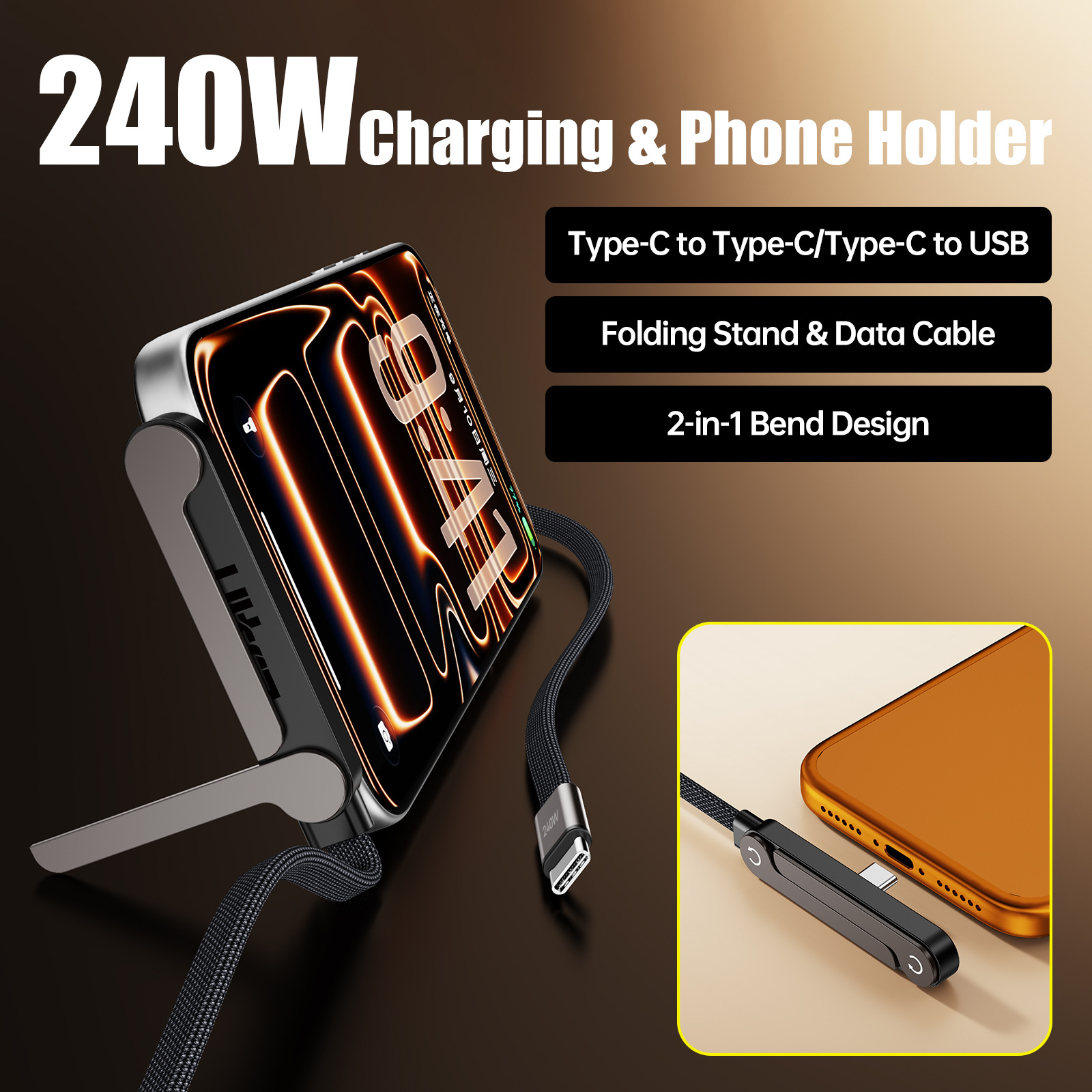 وصلة USB-C إلى USB-C لكابل الشحن مع حامل هاتف
